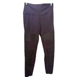 Alo yoga High-Waist‎ Moto Leggings L Plum Ribbed Mesh Panels Womens Activewear